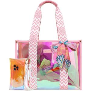 imageFcolor Iridesent Beach Bag for Women  Waterproof Beach Tote Clear Pool Bag with Phone Pouch for Cruise Vacation Essentials16l  Iridescent Pink