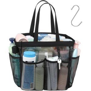imageFcolor Mesh Shower Caddy Portable with Dividers  Upgrade Deeper 7 Pockets Dorm Room Essentials with S Hook Shower Bag Basket Tote for Guys Girls College Camping Toiletry Bathroom Black1 Pack XLarge Black