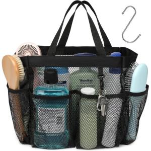 imageFcolor Mesh Shower Caddy Portable with Dividers  Upgrade Deeper 7 Pockets Dorm Room Essentials with S Hook Shower Bag Basket Tote for Guys Girls College Camping Toiletry Bathroom Black1 Pack L Black