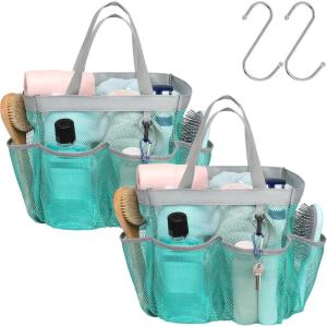 imageFcolor Mesh Shower Caddy Portable with Dividers  Upgrade Deeper 7 Pockets Dorm Room Essentials with S Hook Shower Bag Basket Tote for Guys Girls College Camping Toiletry Bathroom Black2 Pack Mint Green