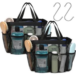 imageFcolor Mesh Shower Caddy Portable with Dividers  Upgrade Deeper 7 Pockets Dorm Room Essentials with S Hook Shower Bag Basket Tote for Guys Girls College Camping Toiletry Bathroom Black2 Pack L Black