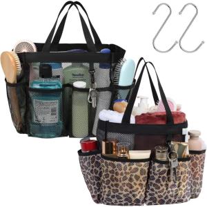imageFcolor Mesh Shower Caddy Portable with Dividers  Upgrade Deeper 7 Pockets Dorm Room Essentials with S Hook Shower Bag Basket Tote for Guys Girls College Camping Toiletry Bathroom Black2 Pack  Black  Leopard