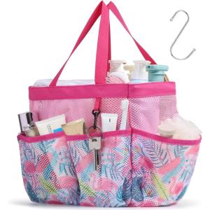 imageFcolor Mesh Shower Caddy Portable with Dividers  Upgrade Deeper 7 Pockets Dorm Room Essentials with S Hook Shower Bag Basket Tote for Guys Girls College Camping Toiletry Bathroom BlackL  Pink Flamingo