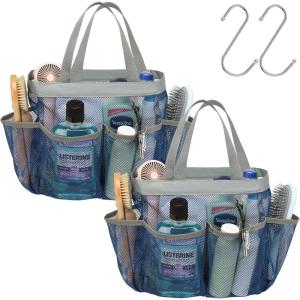 imageFcolor Mesh Shower Caddy Portable with Dividers  Upgrade Deeper 7 Pockets Dorm Room Essentials with S Hook Shower Bag Basket Tote for Guys Girls College Camping Toiletry Bathroom Black2 Pack Blue