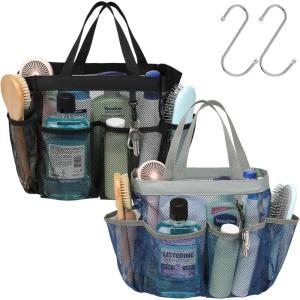 imageFcolor Mesh Shower Caddy Portable with Dividers  Upgrade Deeper 7 Pockets Dorm Room Essentials with S Hook Shower Bag Basket Tote for Guys Girls College Camping Toiletry Bathroom Black2 Pack  Black  Blue