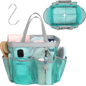 imageFcolor Mesh Shower Caddy Portable with Dividers  Upgrade Deeper 7 Pockets Dorm Room Essentials with S Hook Shower Bag Basket Tote for Guys Girls College Camping Toiletry Bathroom BlackMint Green with Dividers