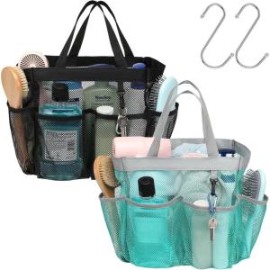imageFcolor Mesh Shower Caddy Portable with Dividers  Upgrade Deeper 7 Pockets Dorm Room Essentials with S Hook Shower Bag Basket Tote for Guys Girls College Camping Toiletry Bathroom Black2 Pack  Black  Mint Green