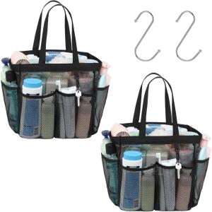 imageFcolor Mesh Shower Caddy Portable with Dividers  Upgrade Deeper 7 Pockets Dorm Room Essentials with S Hook Shower Bag Basket Tote for Guys Girls College Camping Toiletry Bathroom Black2 Packs XLarge Black