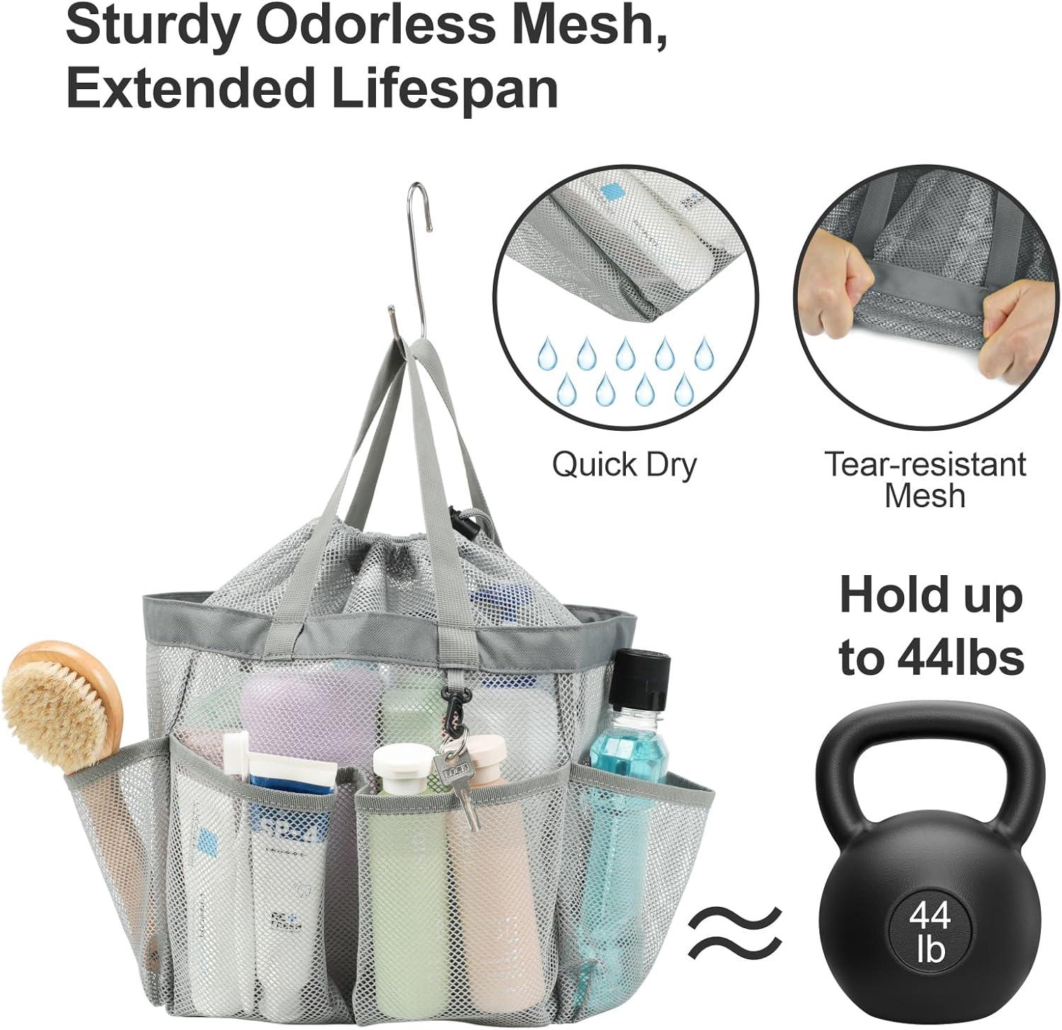 imageFcolor Mesh Shower Caddy Portable with Drawstring  Upgrade Deeper 7 Pockets Dorm Room Essentials for Guys Girls with S Hook Shower Bag Basket Tote for College Camping Bathroom Yellow BeachGrey with Drawstring