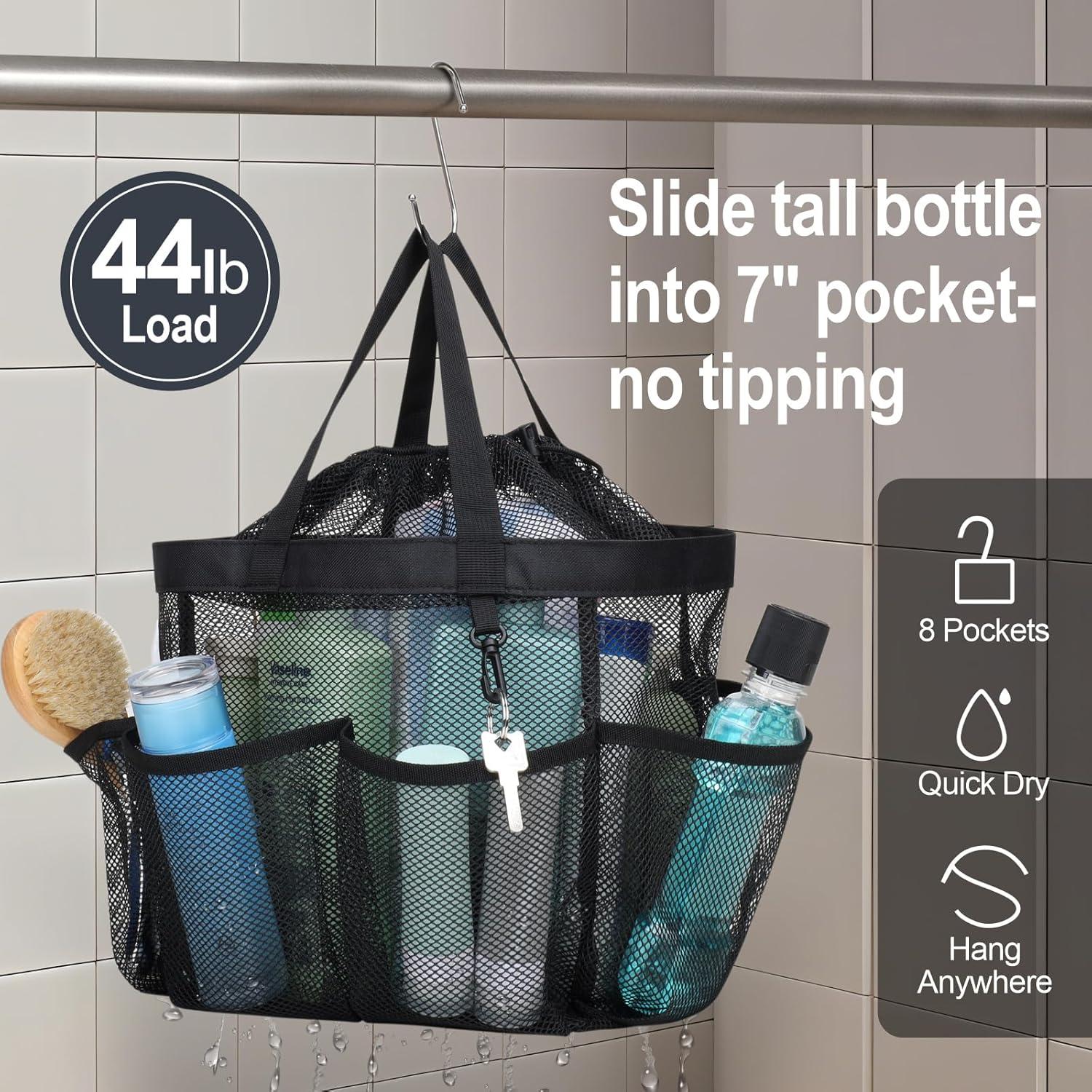imageFcolor Mesh Shower Caddy Portable with Drawstring  Upgrade Deeper 7 Pockets Dorm Room Essentials for Guys Girls with S Hook Shower Bag Basket Tote for College Camping Bathroom Yellow BeachBlack with Drawstring