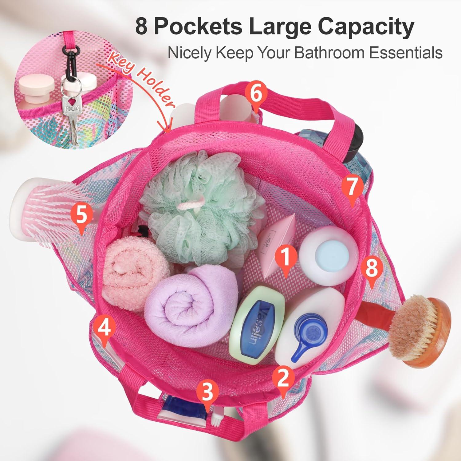 imageFcolor Mesh Shower Caddy Portable with Drawstring  Upgrade Deeper 7 Pockets Dorm Room Essentials for Guys Girls with S Hook Shower Bag Basket Tote for College Camping Bathroom Yellow BeachPink Flamingo with Drawstring