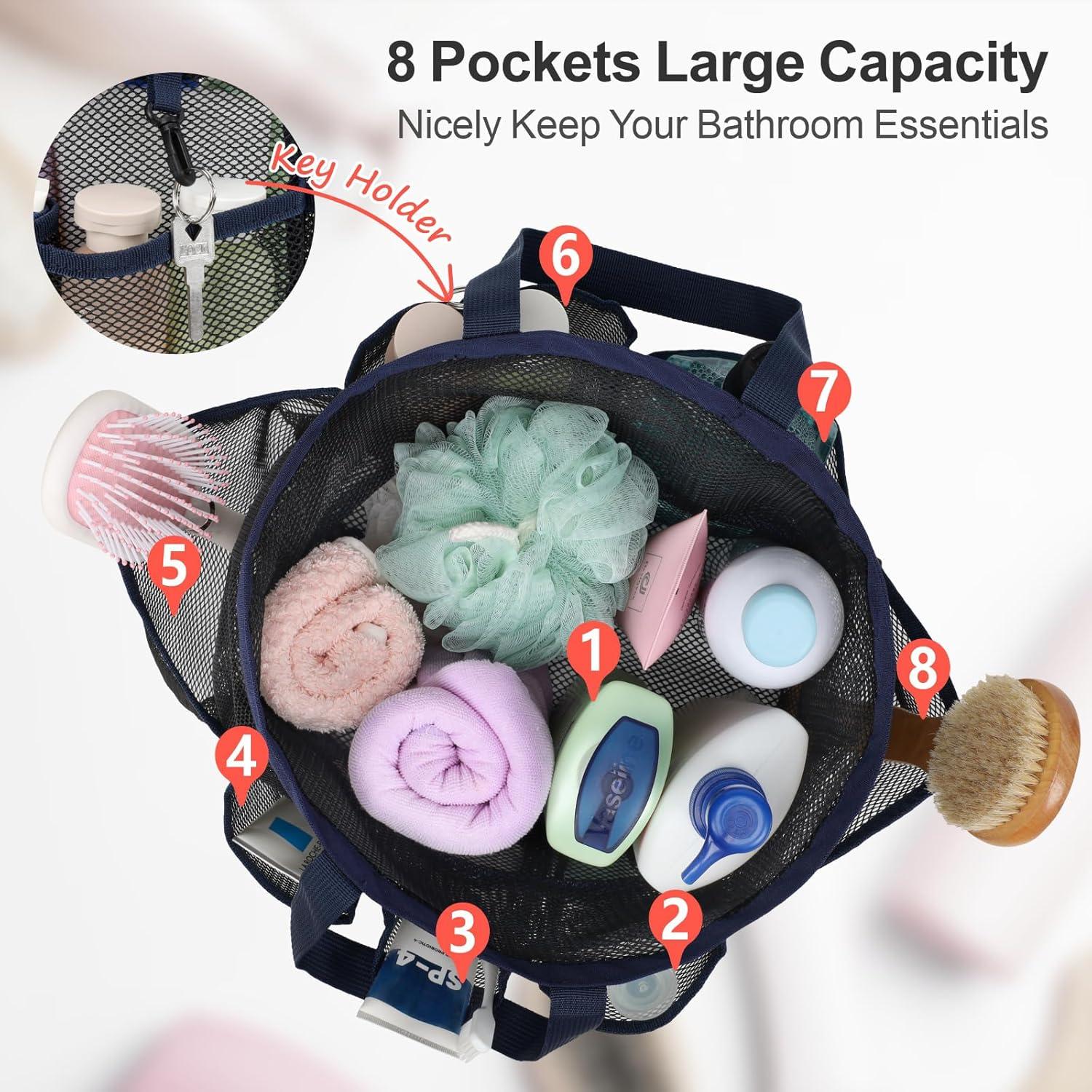 imageFcolor Mesh Shower Caddy Portable with Drawstring  Upgrade Deeper 7 Pockets Dorm Room Essentials for Guys Girls with S Hook Shower Bag Basket Tote for College Camping Bathroom Yellow BeachBlack with Dark Blue with Drawstring