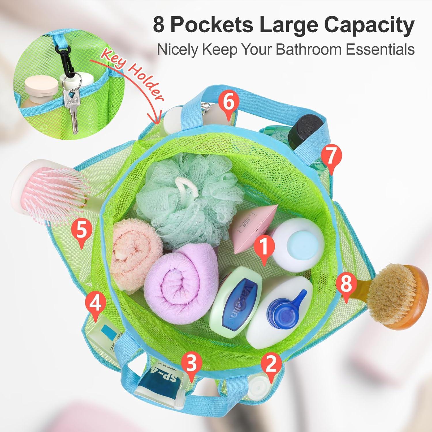 imageFcolor Mesh Shower Caddy Portable with Drawstring  Upgrade Deeper 7 Pockets Dorm Room Essentials for Guys Girls with S Hook Shower Bag Basket Tote for College Camping Bathroom Yellow BeachGreen with Drawstring