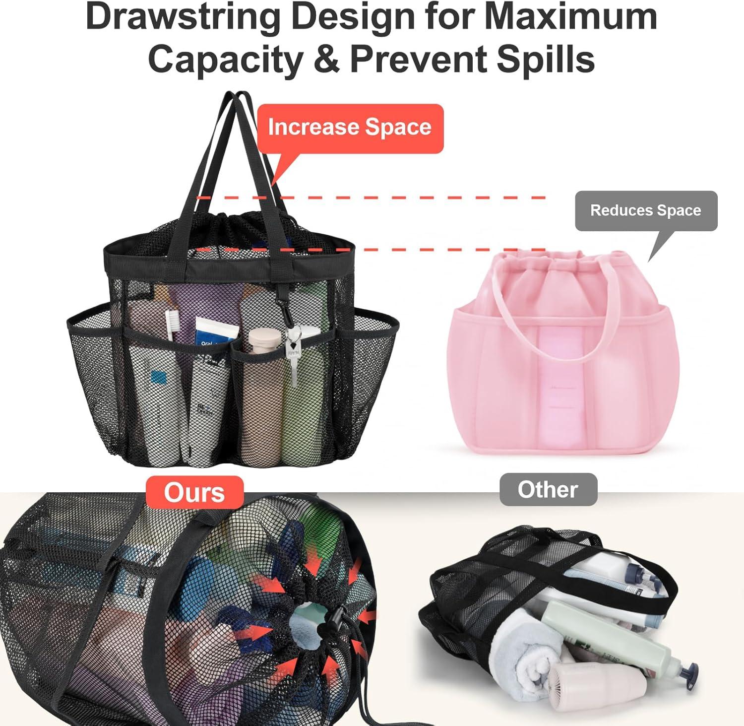 imageFcolor Mesh Shower Caddy Portable with Drawstring  Upgrade Deeper 7 Pockets Dorm Room Essentials for Guys Girls with S Hook Shower Bag Basket Tote for College Camping Bathroom Yellow Beach2 Pack Black  Mint Green with Drawstring