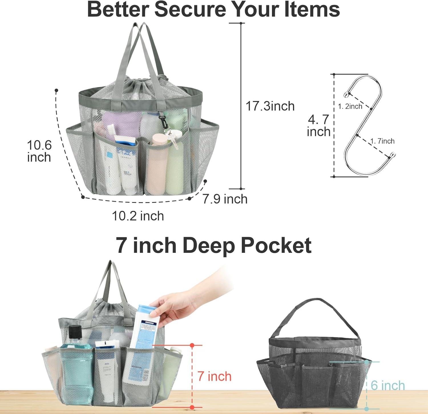 imageFcolor Mesh Shower Caddy Portable with Drawstring  Upgrade Deeper 7 Pockets Dorm Room Essentials for Guys Girls with S Hook Shower Bag Basket Tote for College Camping Bathroom Yellow BeachGrey with Drawstring