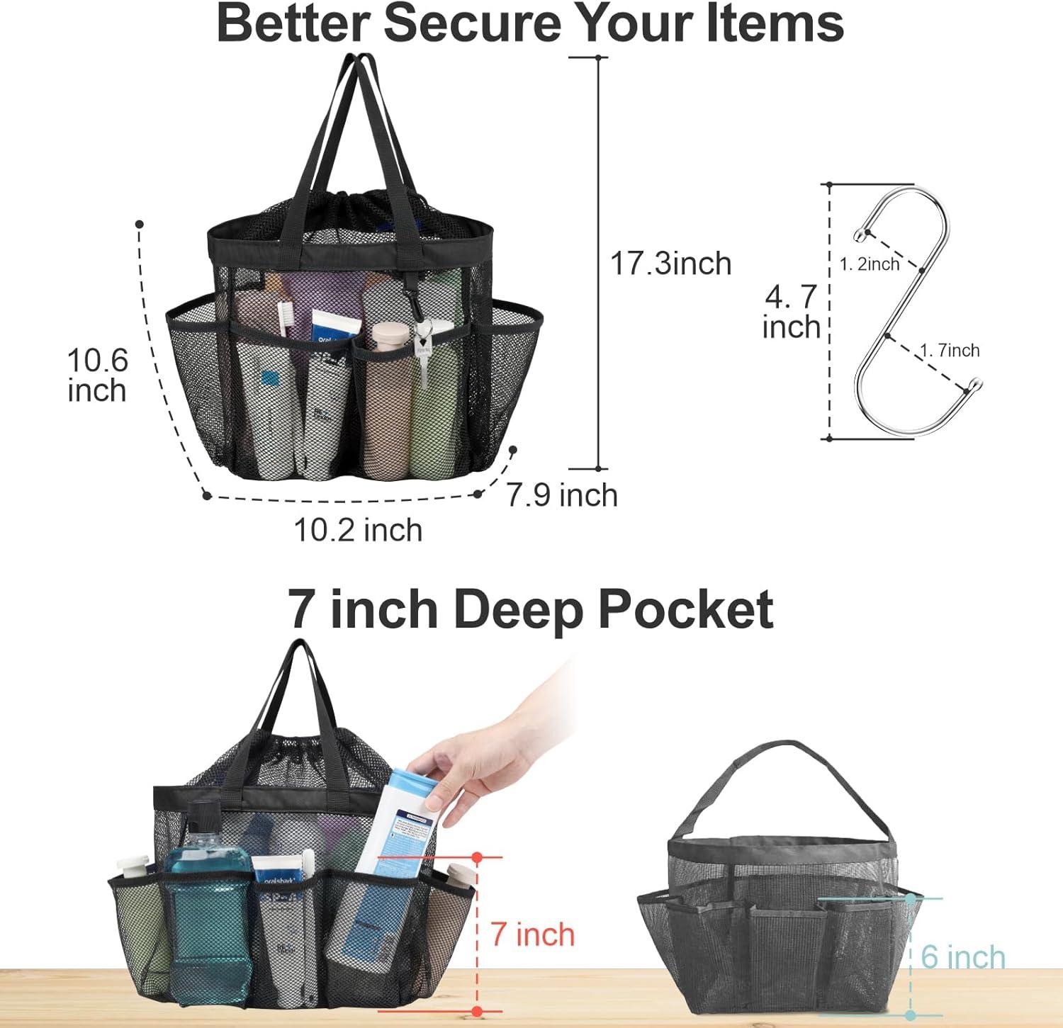 imageFcolor Mesh Shower Caddy Portable with Drawstring  Upgrade Deeper 7 Pockets Dorm Room Essentials for Guys Girls with S Hook Shower Bag Basket Tote for College Camping Bathroom Yellow BeachBlack with Drawstring