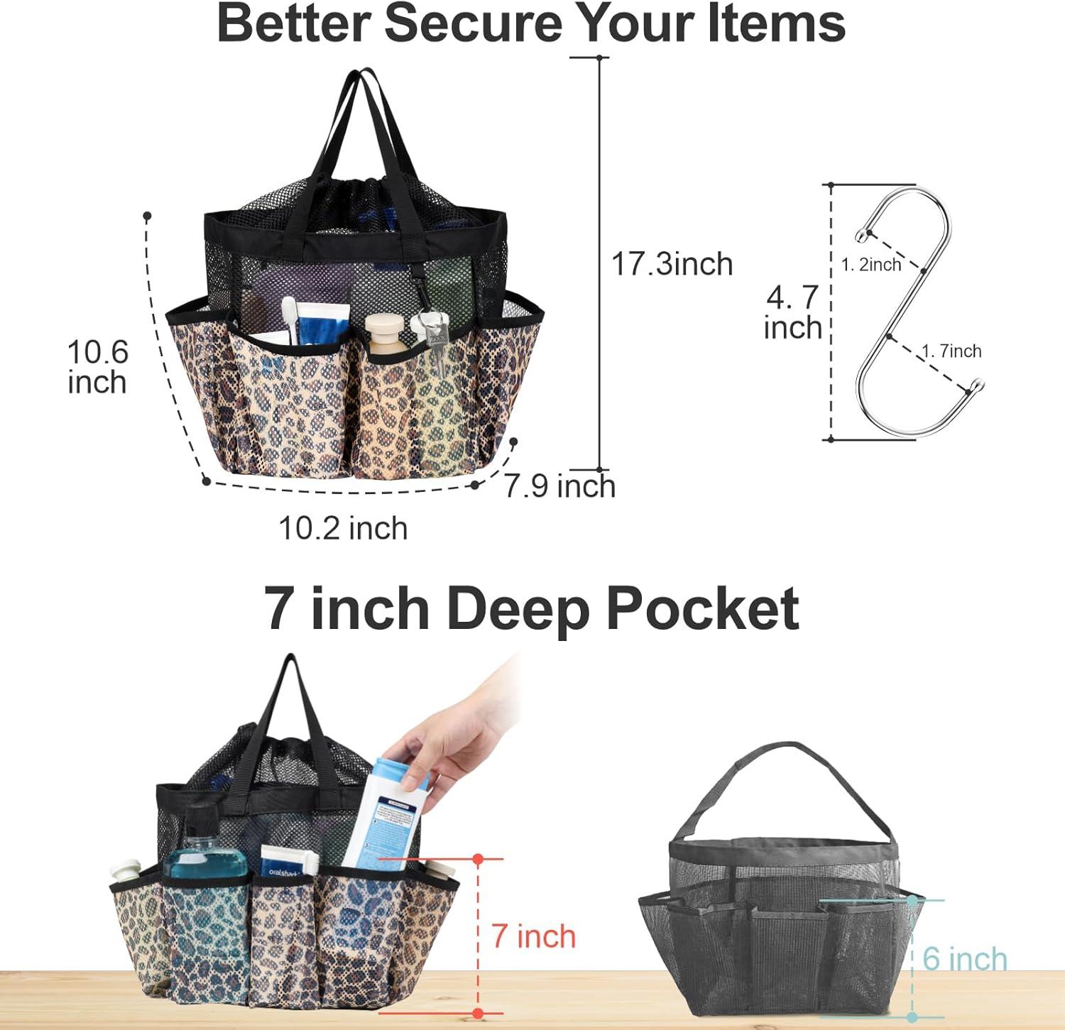 imageFcolor Mesh Shower Caddy Portable with Drawstring  Upgrade Deeper 7 Pockets Dorm Room Essentials for Guys Girls with S Hook Shower Bag Basket Tote for College Camping Bathroom Yellow BeachLeopard with Drawstring