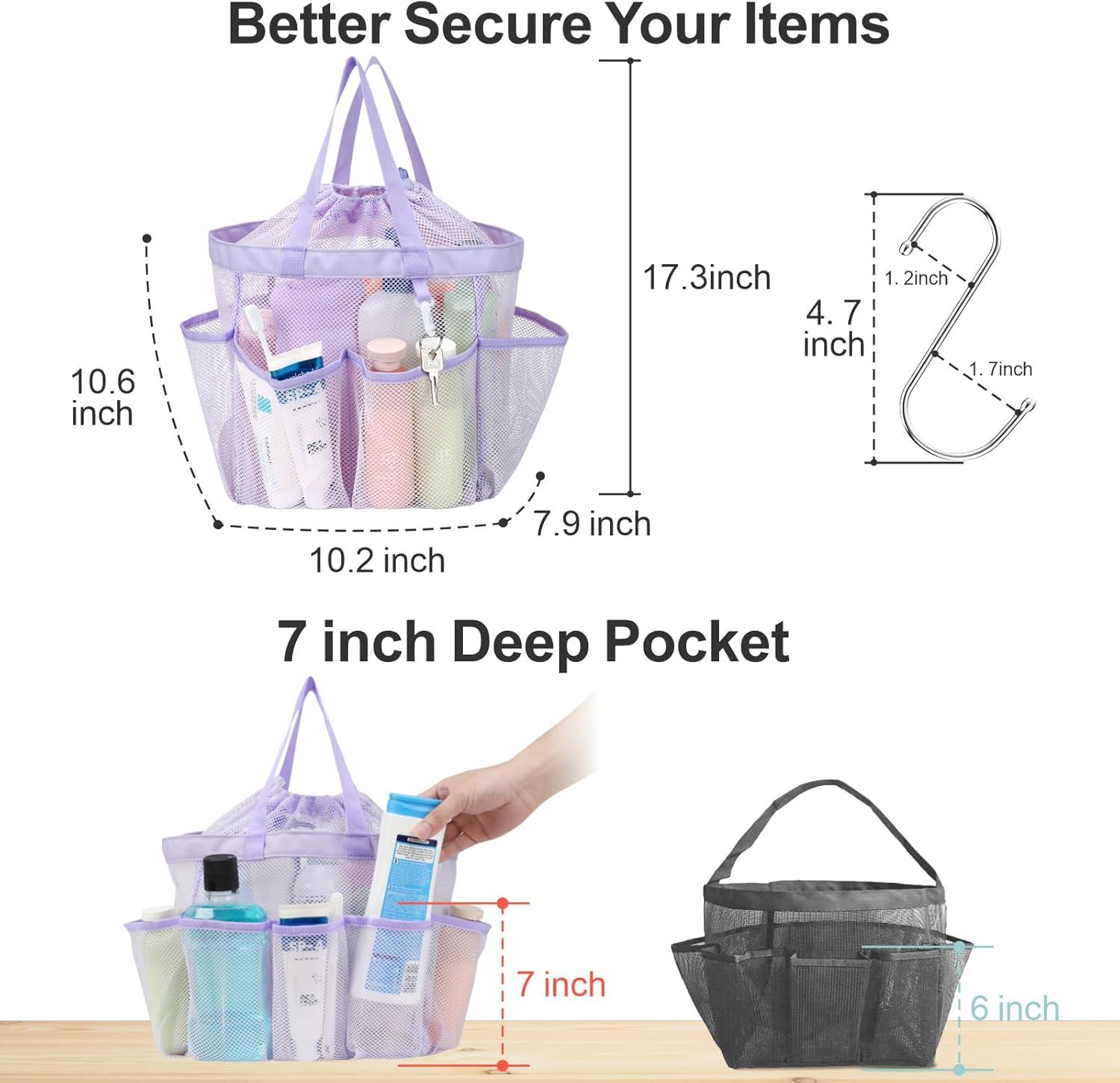 imageFcolor Mesh Shower Caddy Portable with Drawstring  Upgrade Deeper 7 Pockets Dorm Room Essentials for Guys Girls with S Hook Shower Bag Basket Tote for College Camping Bathroom Yellow BeachPurple with Drawstring