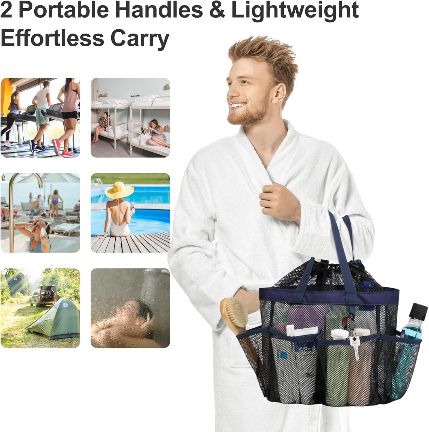 imageFcolor Mesh Shower Caddy Portable with Drawstring  Upgrade Deeper 7 Pockets Dorm Room Essentials for Guys Girls with S Hook Shower Bag Basket Tote for College Camping Bathroom Yellow BeachBlack with Dark Blue with Drawstring