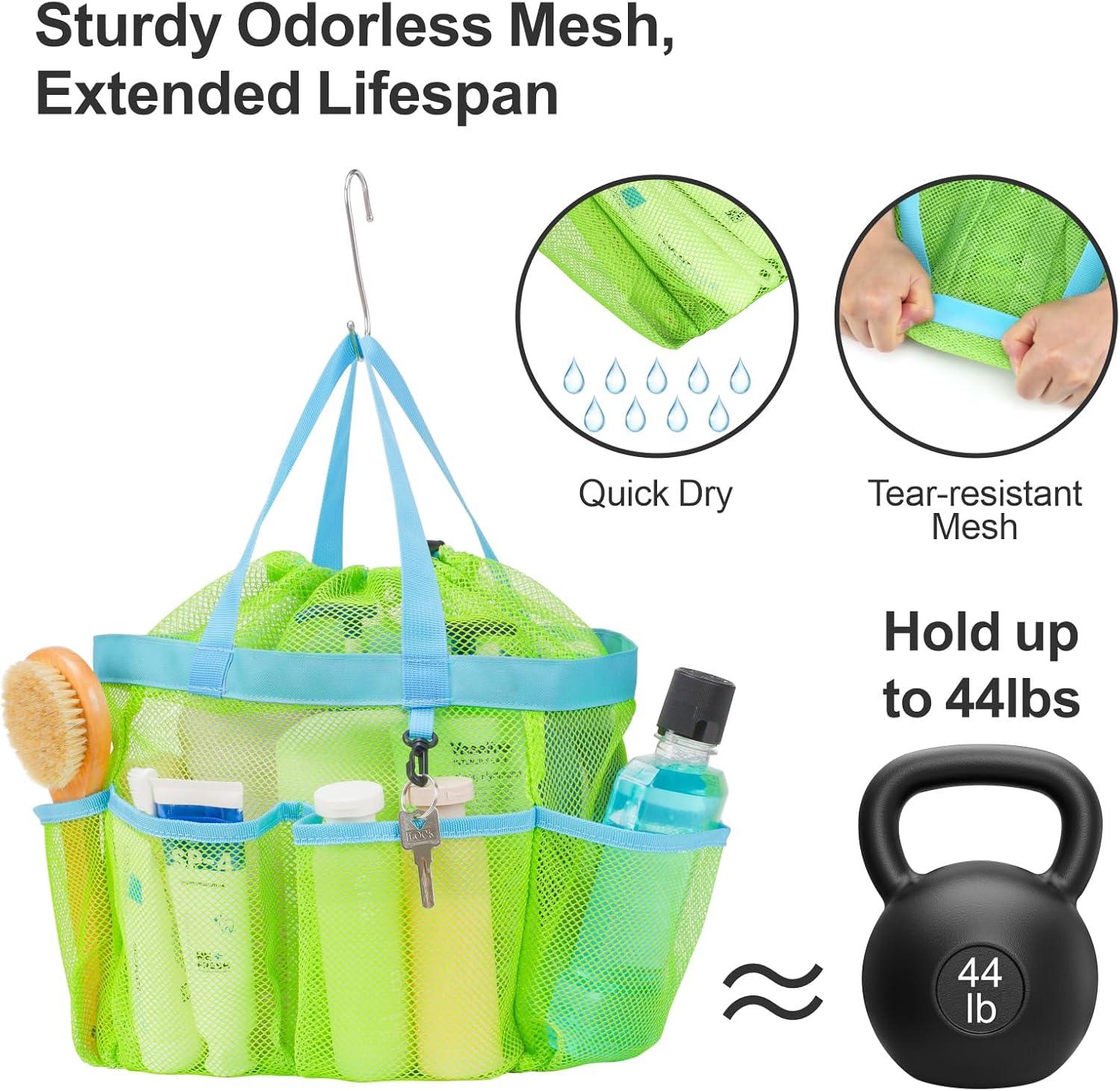 imageFcolor Mesh Shower Caddy Portable with Drawstring  Upgrade Deeper 7 Pockets Dorm Room Essentials for Guys Girls with S Hook Shower Bag Basket Tote for College Camping Bathroom Yellow BeachGreen with Drawstring