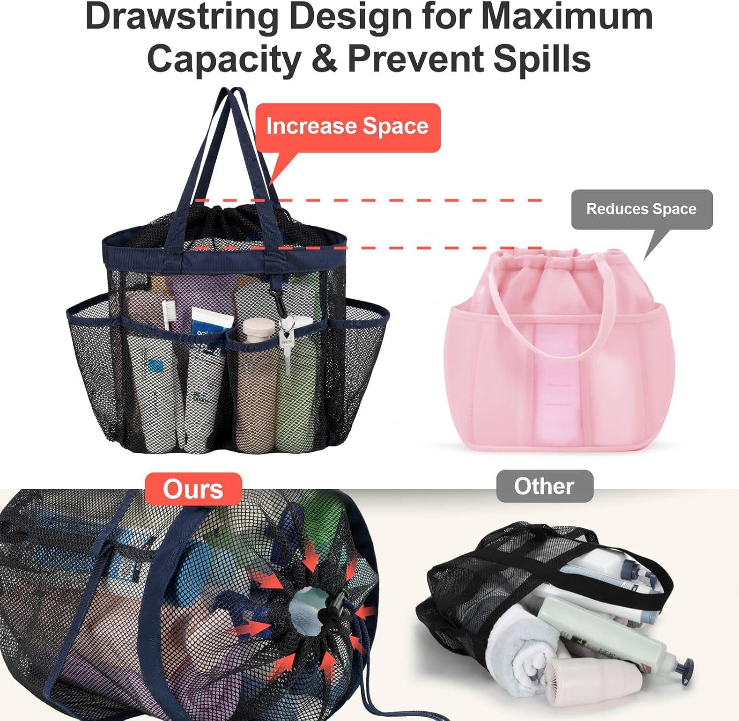 imageFcolor Mesh Shower Caddy Portable with Drawstring  Upgrade Deeper 7 Pockets Dorm Room Essentials for Guys Girls with S Hook Shower Bag Basket Tote for College Camping Bathroom Yellow BeachBlack with Dark Blue with Drawstring