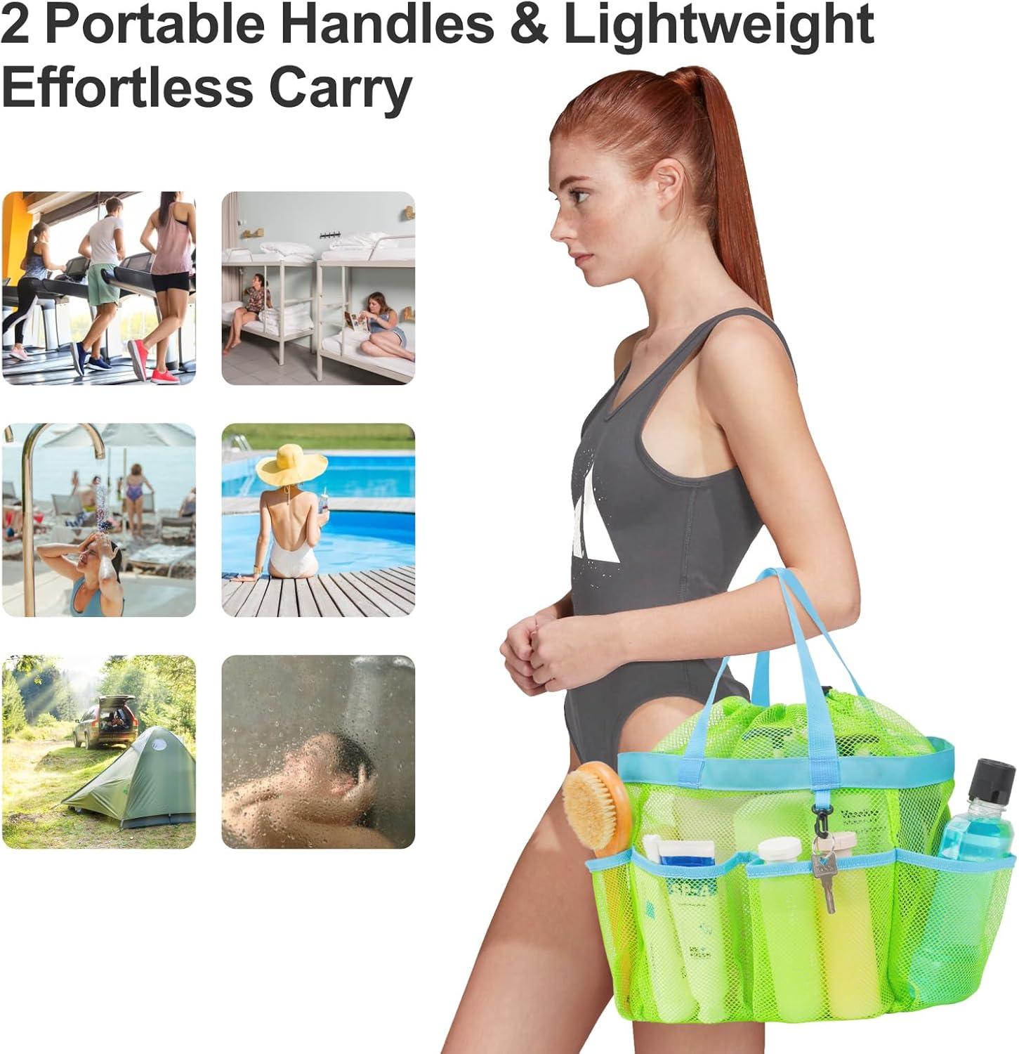 imageFcolor Mesh Shower Caddy Portable with Drawstring  Upgrade Deeper 7 Pockets Dorm Room Essentials for Guys Girls with S Hook Shower Bag Basket Tote for College Camping Bathroom Yellow BeachGreen with Drawstring