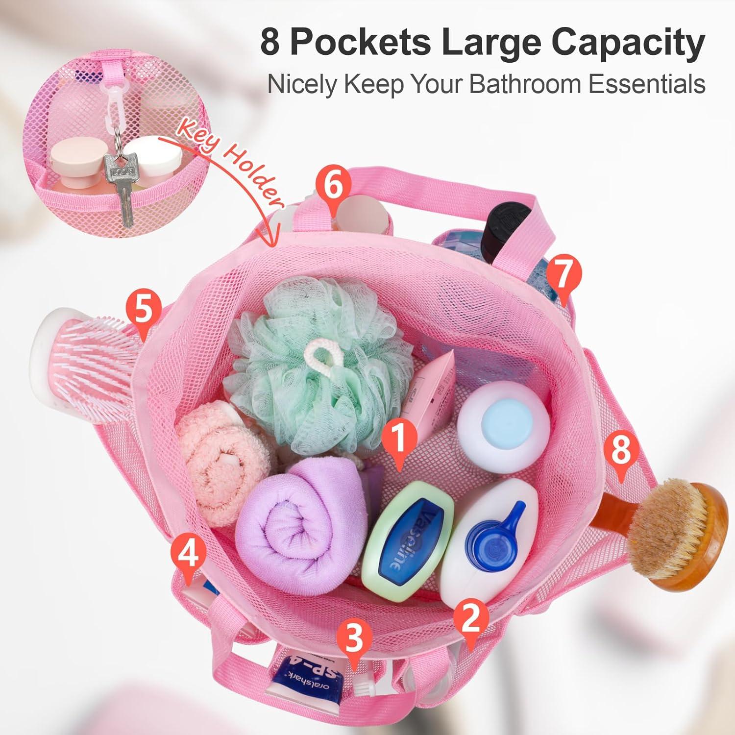 imageFcolor Mesh Shower Caddy Portable with Drawstring  Upgrade Deeper 7 Pockets Dorm Room Essentials for Guys Girls with S Hook Shower Bag Basket Tote for College Camping Bathroom Yellow BeachPink with Drawstring