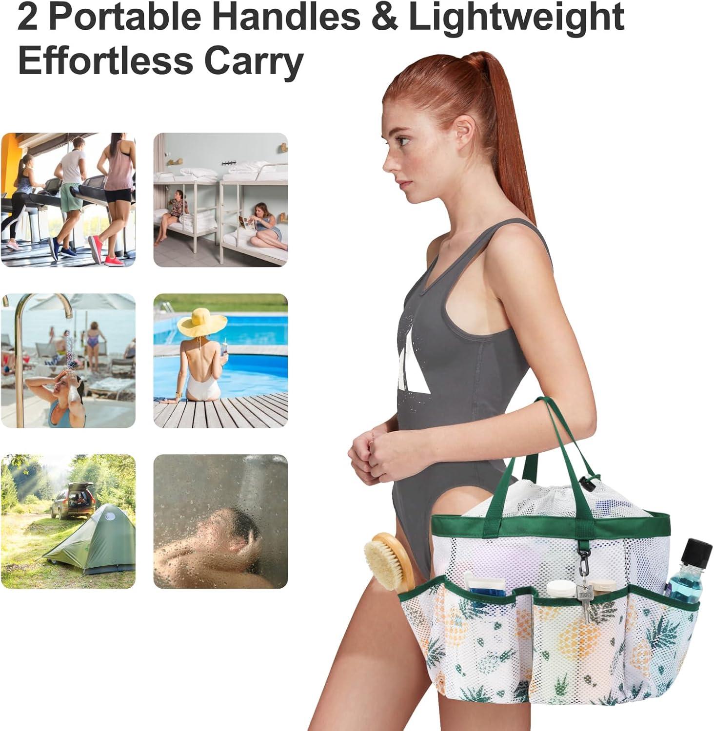 imageFcolor Mesh Shower Caddy Portable with Drawstring  Upgrade Deeper 7 Pockets Dorm Room Essentials for Guys Girls with S Hook Shower Bag Basket Tote for College Camping Bathroom Yellow BeachGreen Pineapple with Drawstring