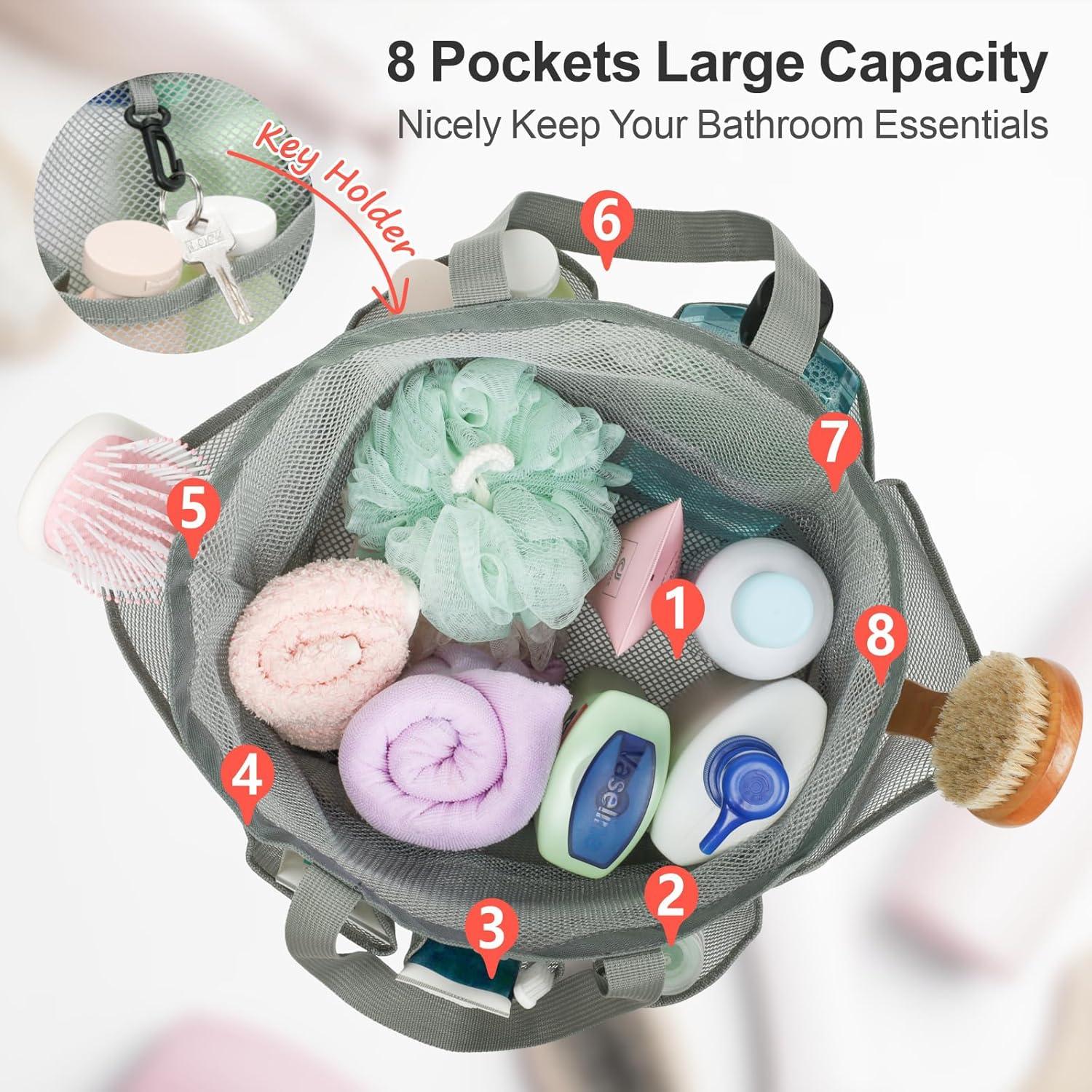 imageFcolor Mesh Shower Caddy Portable with Drawstring  Upgrade Deeper 7 Pockets Dorm Room Essentials for Guys Girls with S Hook Shower Bag Basket Tote for College Camping Bathroom Yellow BeachGrey with Drawstring