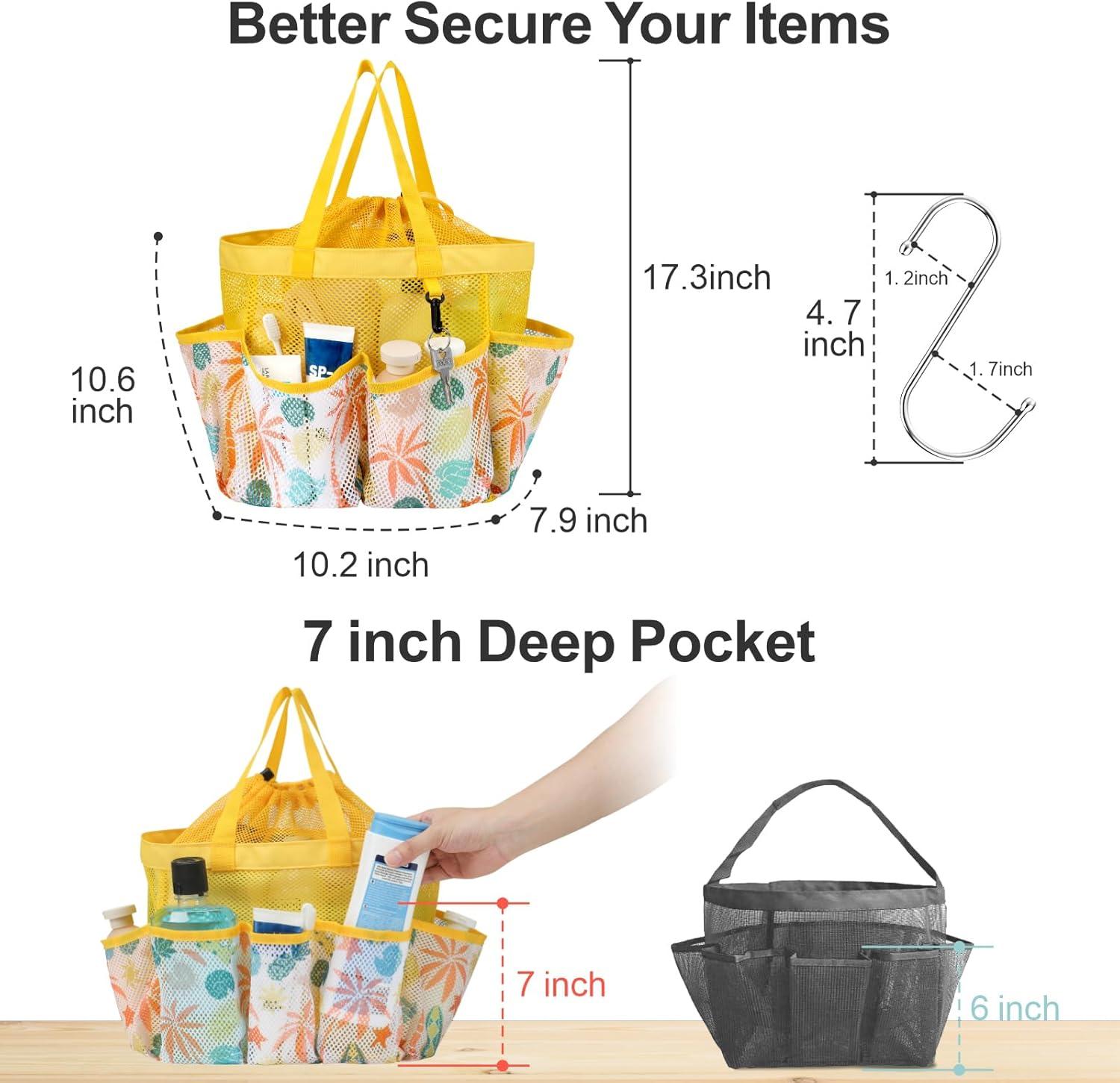 imageFcolor Mesh Shower Caddy Portable with Drawstring  Upgrade Deeper 7 Pockets Dorm Room Essentials for Guys Girls with S Hook Shower Bag Basket Tote for College Camping Bathroom Yellow BeachYellow Beach with Drawstring