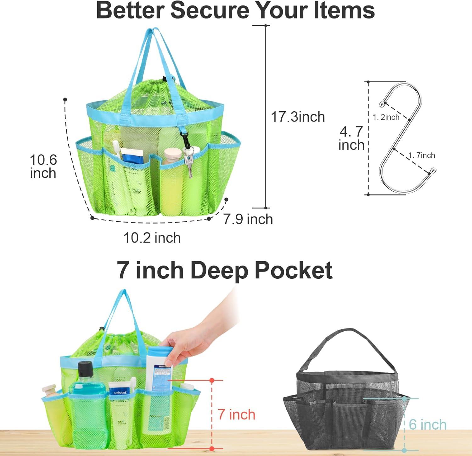 imageFcolor Mesh Shower Caddy Portable with Drawstring  Upgrade Deeper 7 Pockets Dorm Room Essentials for Guys Girls with S Hook Shower Bag Basket Tote for College Camping Bathroom Yellow BeachGreen with Drawstring