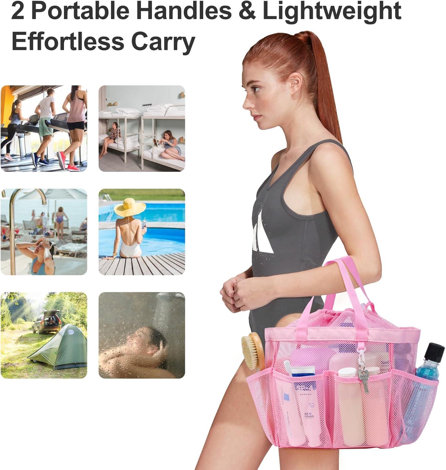imageFcolor Mesh Shower Caddy Portable with Drawstring  Upgrade Deeper 7 Pockets Dorm Room Essentials for Guys Girls with S Hook Shower Bag Basket Tote for College Camping Bathroom Yellow BeachPink with Drawstring