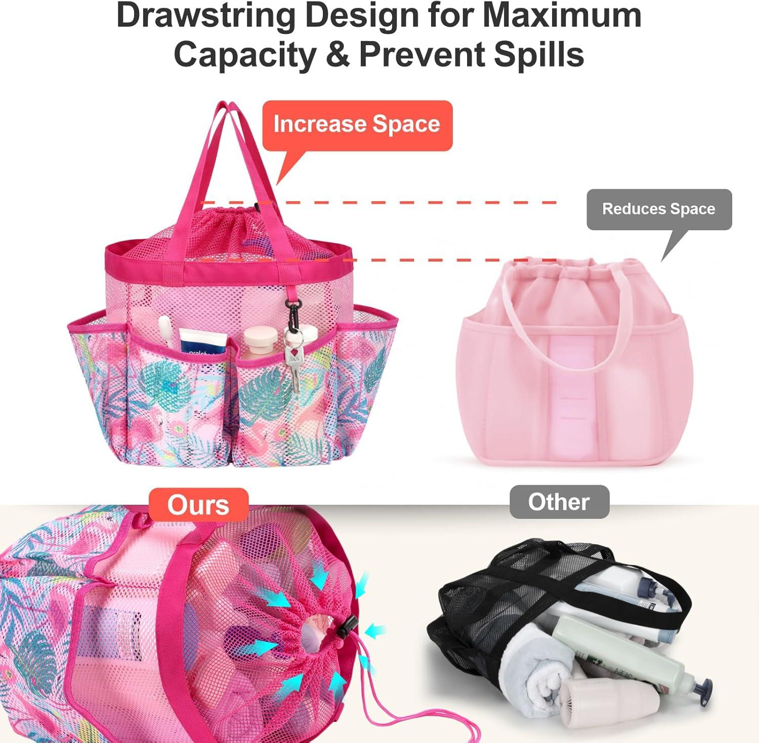 imageFcolor Mesh Shower Caddy Portable with Drawstring  Upgrade Deeper 7 Pockets Dorm Room Essentials for Guys Girls with S Hook Shower Bag Basket Tote for College Camping Bathroom Yellow BeachPink Flamingo with Drawstring