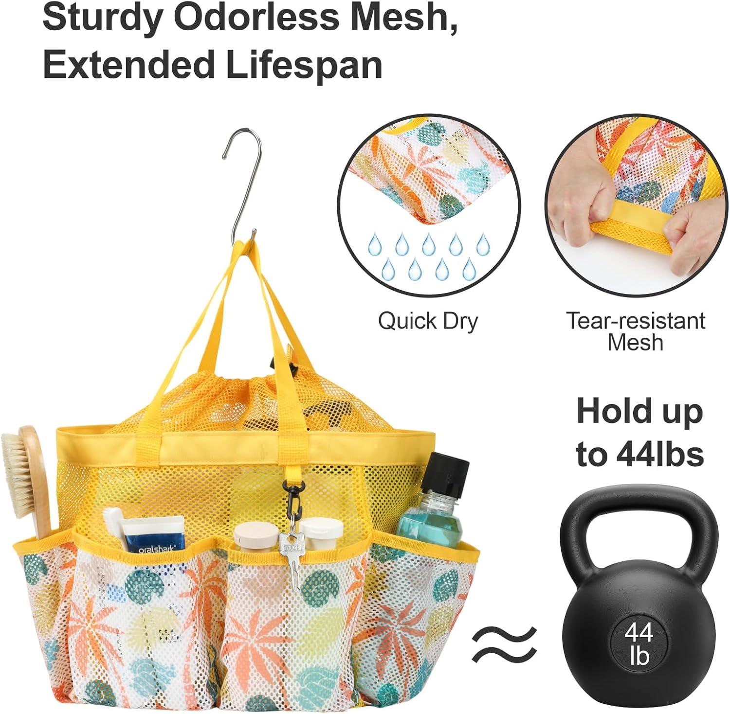 imageFcolor Mesh Shower Caddy Portable with Drawstring  Upgrade Deeper 7 Pockets Dorm Room Essentials for Guys Girls with S Hook Shower Bag Basket Tote for College Camping Bathroom Yellow BeachYellow Beach with Drawstring