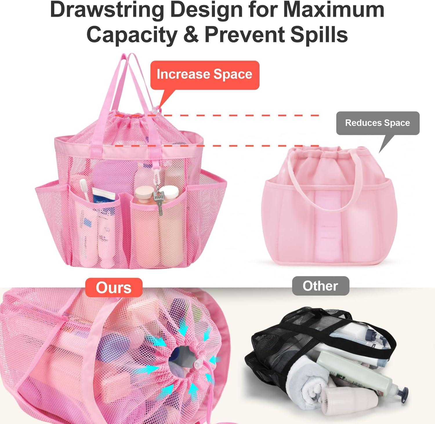 imageFcolor Mesh Shower Caddy Portable with Drawstring  Upgrade Deeper 7 Pockets Dorm Room Essentials for Guys Girls with S Hook Shower Bag Basket Tote for College Camping Bathroom Yellow BeachPink with Drawstring