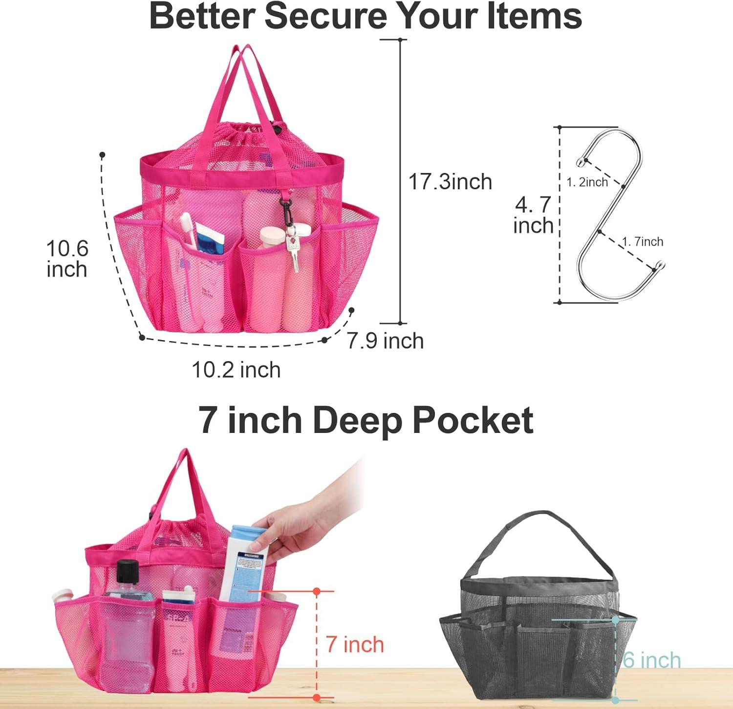 imageFcolor Mesh Shower Caddy Portable with Drawstring  Upgrade Deeper 7 Pockets Dorm Room Essentials for Guys Girls with S Hook Shower Bag Basket Tote for College Camping Bathroom Yellow BeachRose red with Drawstring