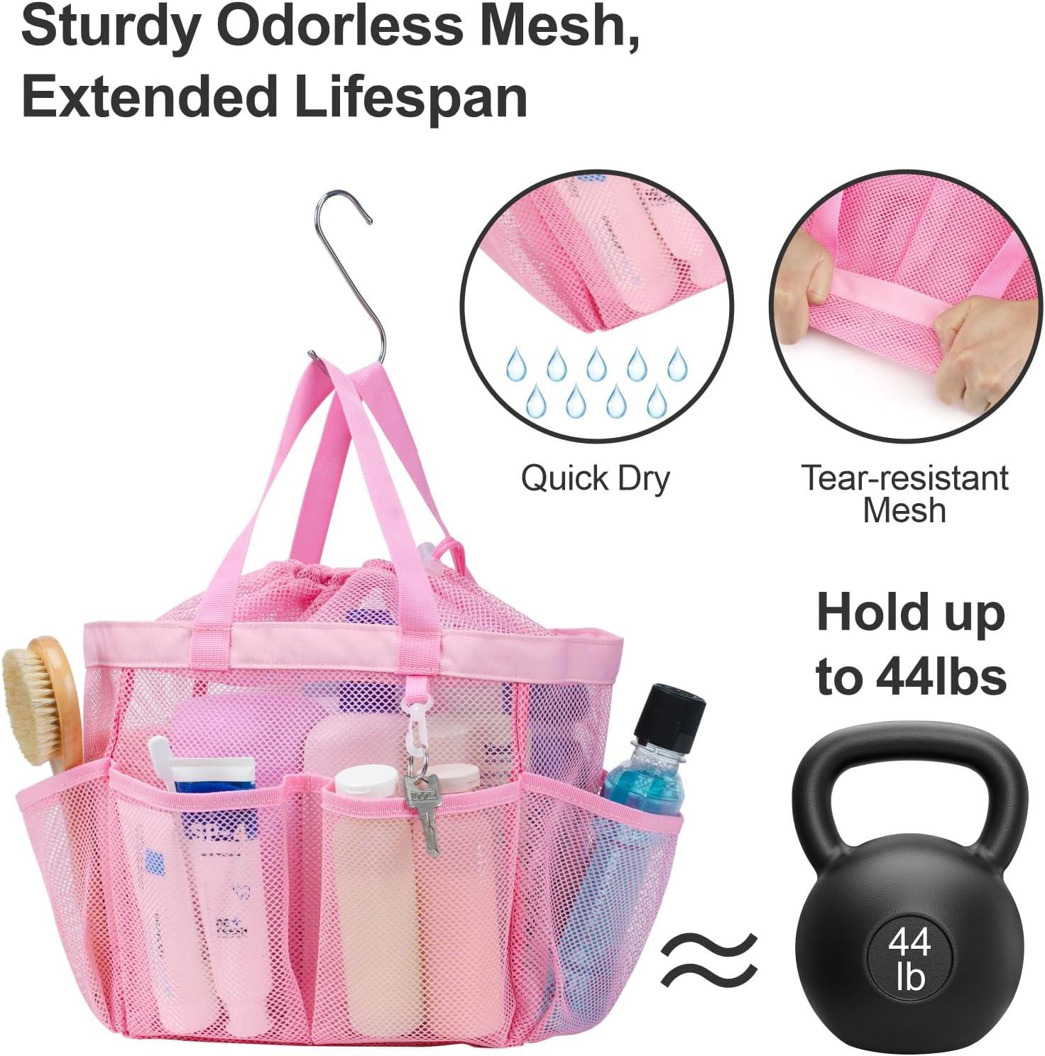 imageFcolor Mesh Shower Caddy Portable with Drawstring  Upgrade Deeper 7 Pockets Dorm Room Essentials for Guys Girls with S Hook Shower Bag Basket Tote for College Camping Bathroom Yellow BeachPink with Drawstring