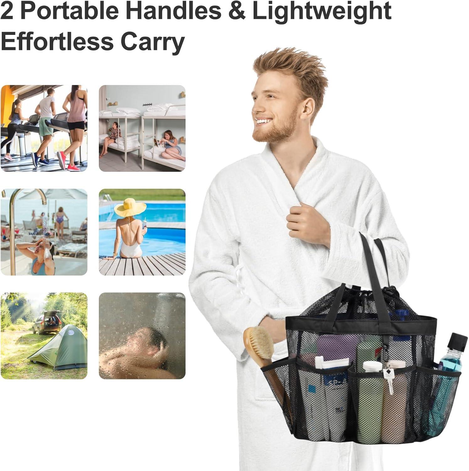 imageFcolor Mesh Shower Caddy Portable with Drawstring  Upgrade Deeper 7 Pockets Dorm Room Essentials for Guys Girls with S Hook Shower Bag Basket Tote for College Camping Bathroom Yellow Beach2 Pack Black with Drawstring