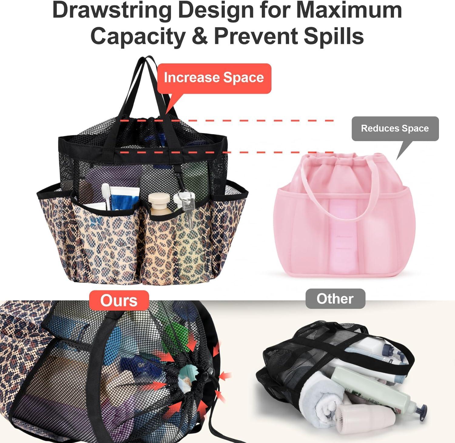 imageFcolor Mesh Shower Caddy Portable with Drawstring  Upgrade Deeper 7 Pockets Dorm Room Essentials for Guys Girls with S Hook Shower Bag Basket Tote for College Camping Bathroom Yellow BeachLeopard with Drawstring