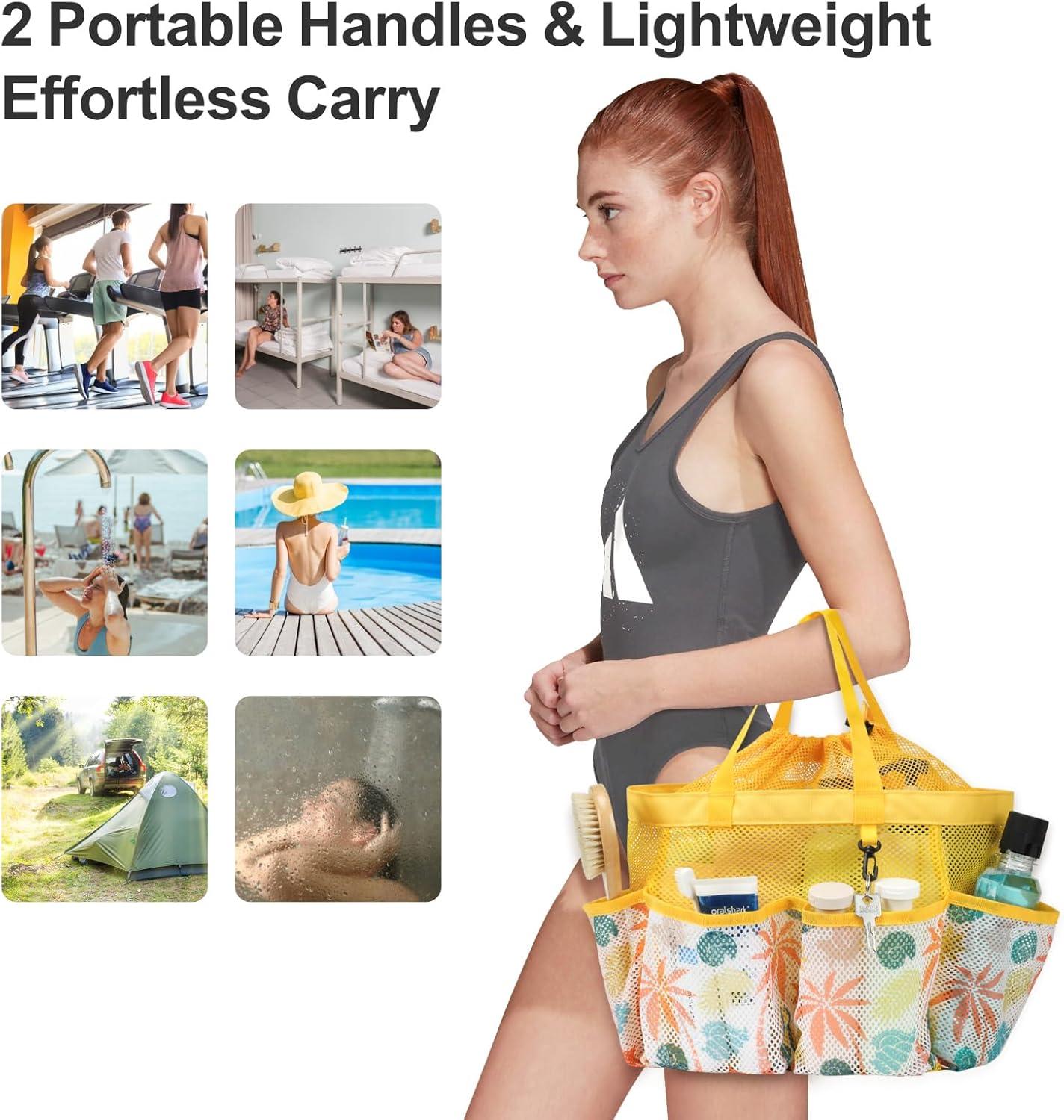 imageFcolor Mesh Shower Caddy Portable with Drawstring  Upgrade Deeper 7 Pockets Dorm Room Essentials for Guys Girls with S Hook Shower Bag Basket Tote for College Camping Bathroom Yellow BeachYellow Beach with Drawstring