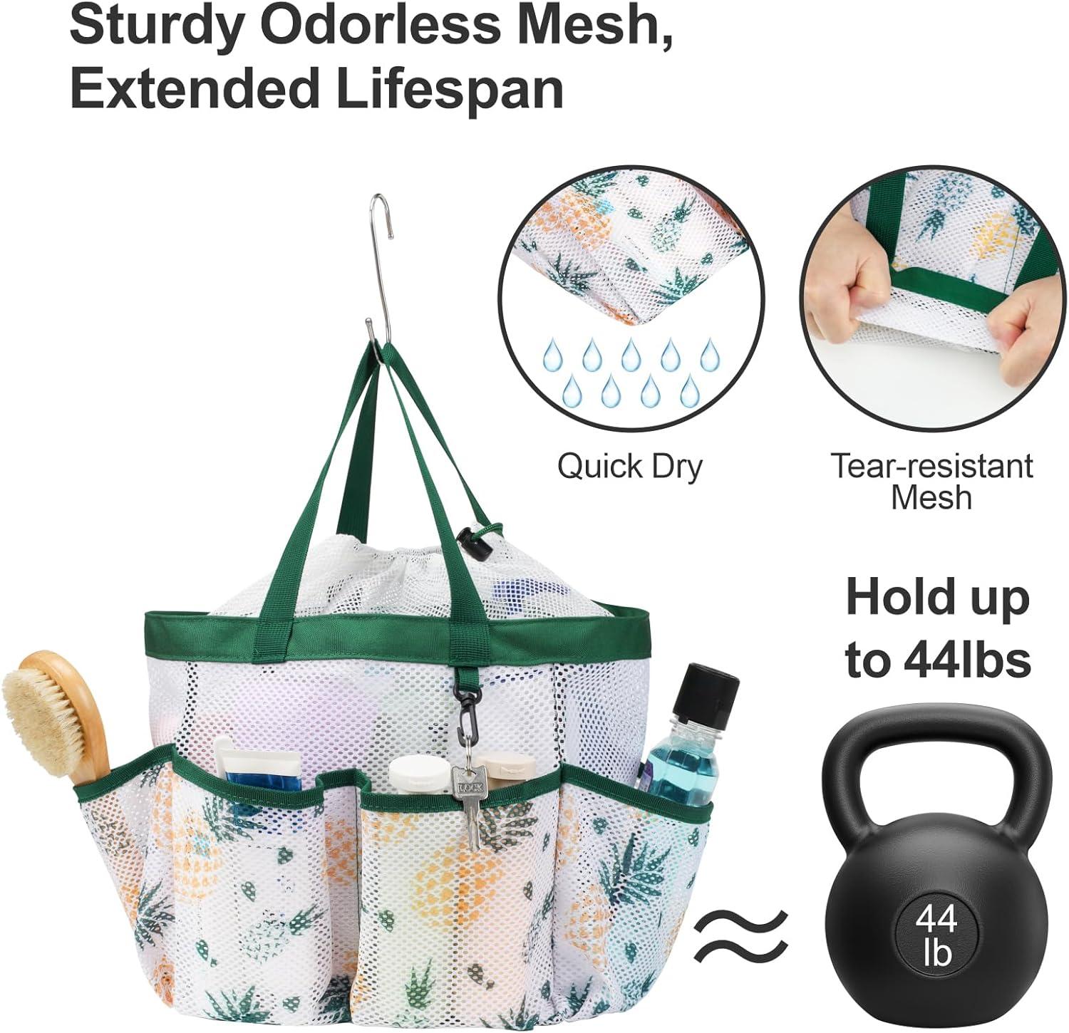 imageFcolor Mesh Shower Caddy Portable with Drawstring  Upgrade Deeper 7 Pockets Dorm Room Essentials for Guys Girls with S Hook Shower Bag Basket Tote for College Camping Bathroom Yellow BeachGreen Pineapple with Drawstring