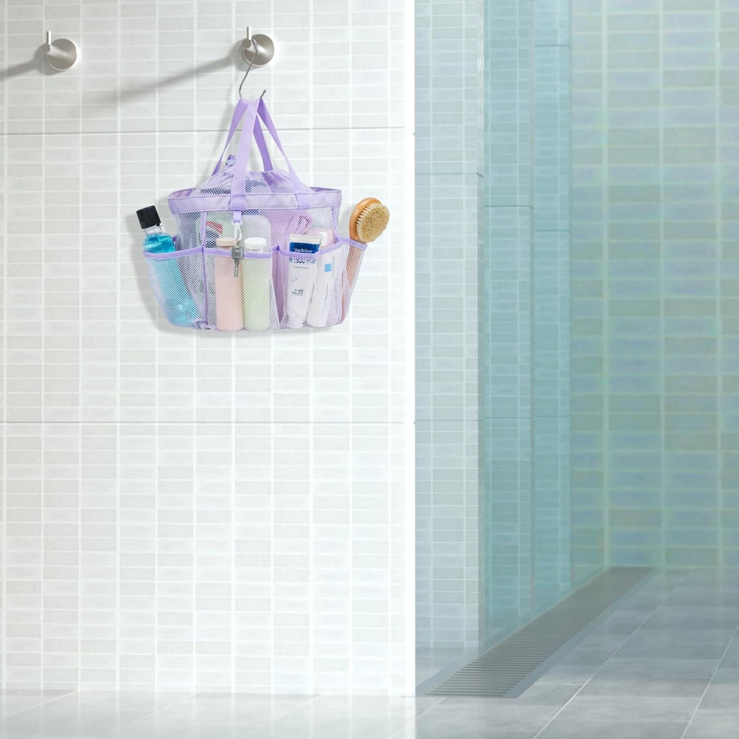 imageFcolor Mesh Shower Caddy Portable with Drawstring  Upgrade Deeper 7 Pockets Dorm Room Essentials for Guys Girls with S Hook Shower Bag Basket Tote for College Camping Bathroom Yellow BeachPurple with Drawstring