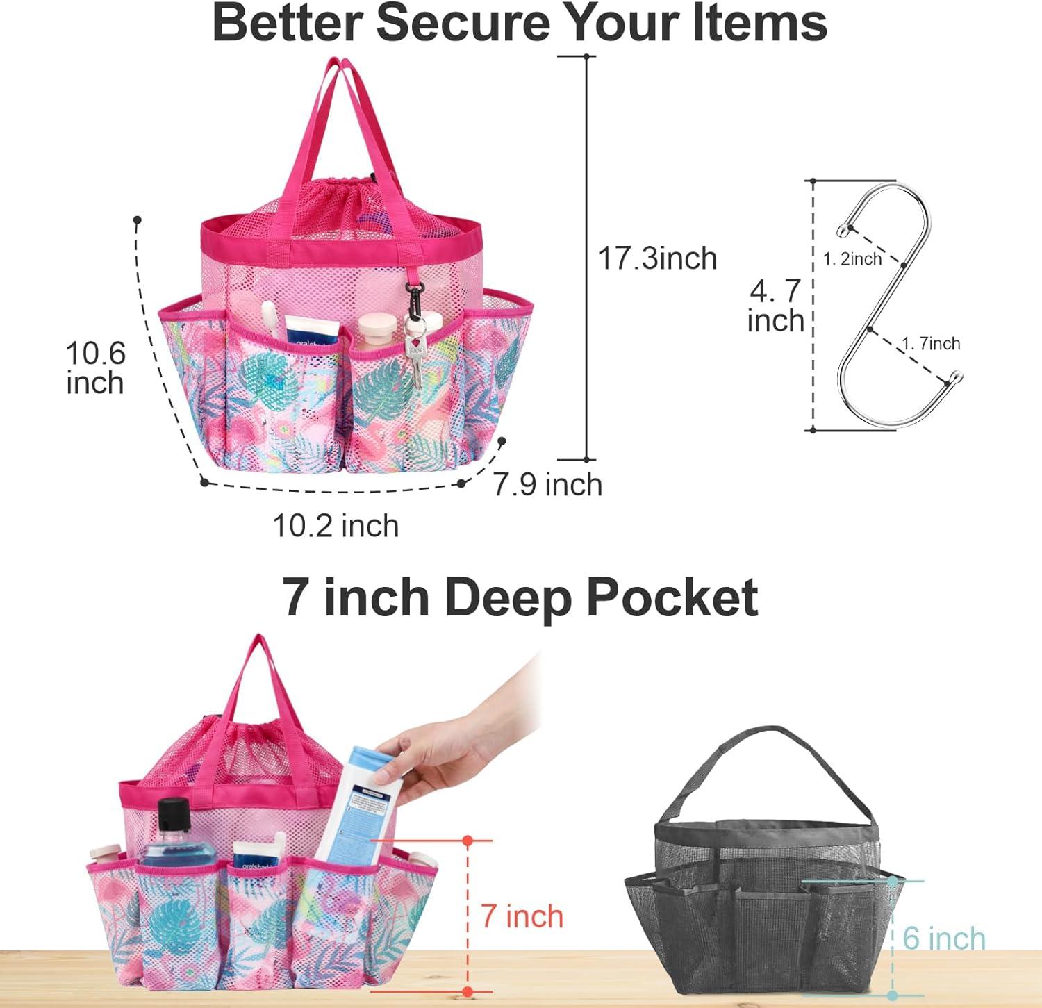 imageFcolor Mesh Shower Caddy Portable with Drawstring  Upgrade Deeper 7 Pockets Dorm Room Essentials for Guys Girls with S Hook Shower Bag Basket Tote for College Camping Bathroom Yellow BeachPink Flamingo with Drawstring