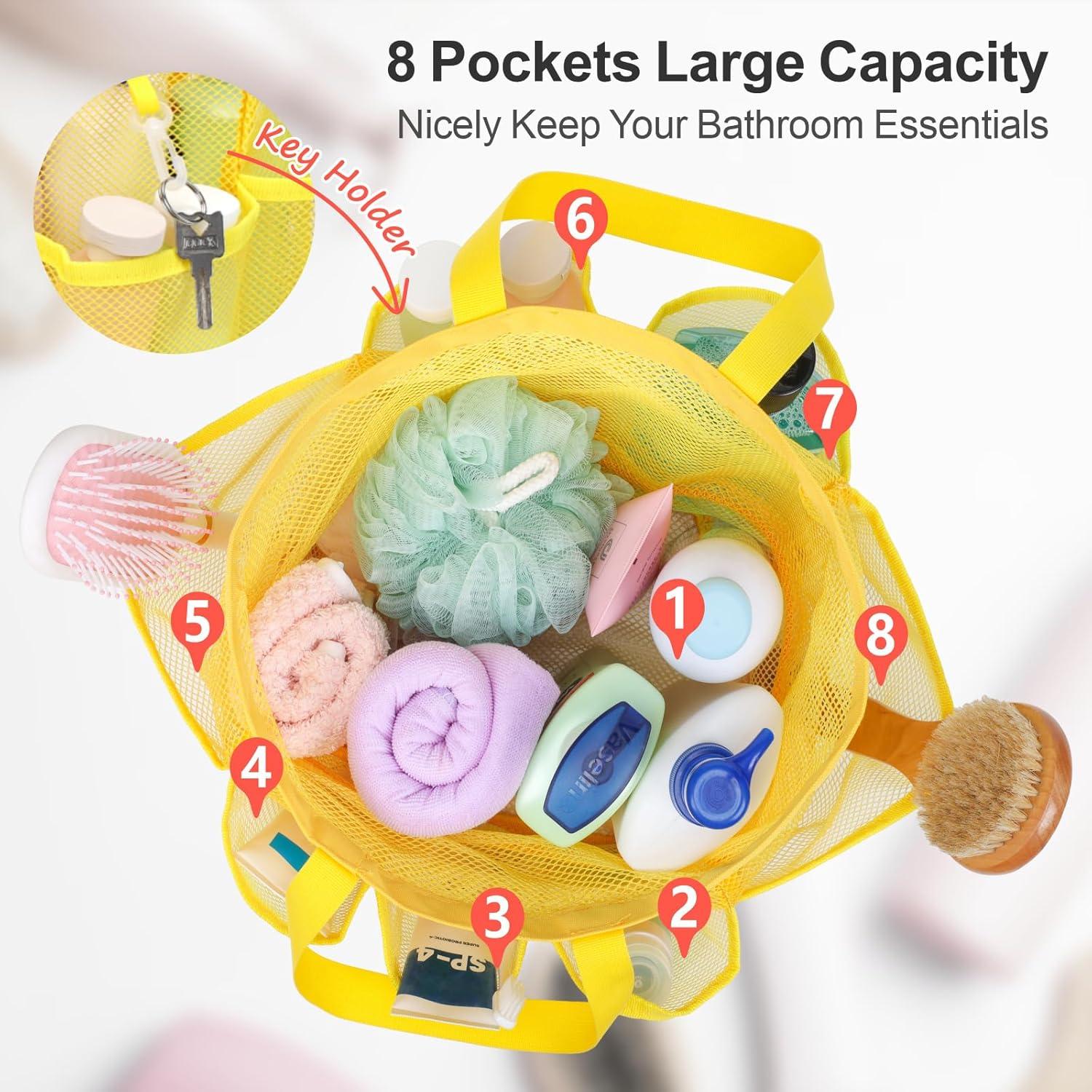 imageFcolor Mesh Shower Caddy Portable with Drawstring  Upgrade Deeper 7 Pockets Dorm Room Essentials for Guys Girls with S Hook Shower Bag Basket Tote for College Camping Bathroom Yellow BeachYellow with Drawstring