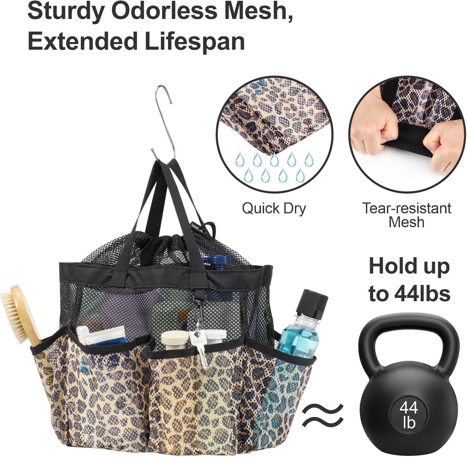 imageFcolor Mesh Shower Caddy Portable with Drawstring  Upgrade Deeper 7 Pockets Dorm Room Essentials for Guys Girls with S Hook Shower Bag Basket Tote for College Camping Bathroom Yellow BeachLeopard with Drawstring