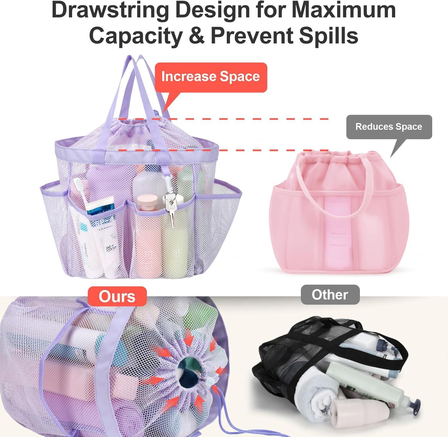 imageFcolor Mesh Shower Caddy Portable with Drawstring  Upgrade Deeper 7 Pockets Dorm Room Essentials for Guys Girls with S Hook Shower Bag Basket Tote for College Camping Bathroom Yellow BeachPurple with Drawstring