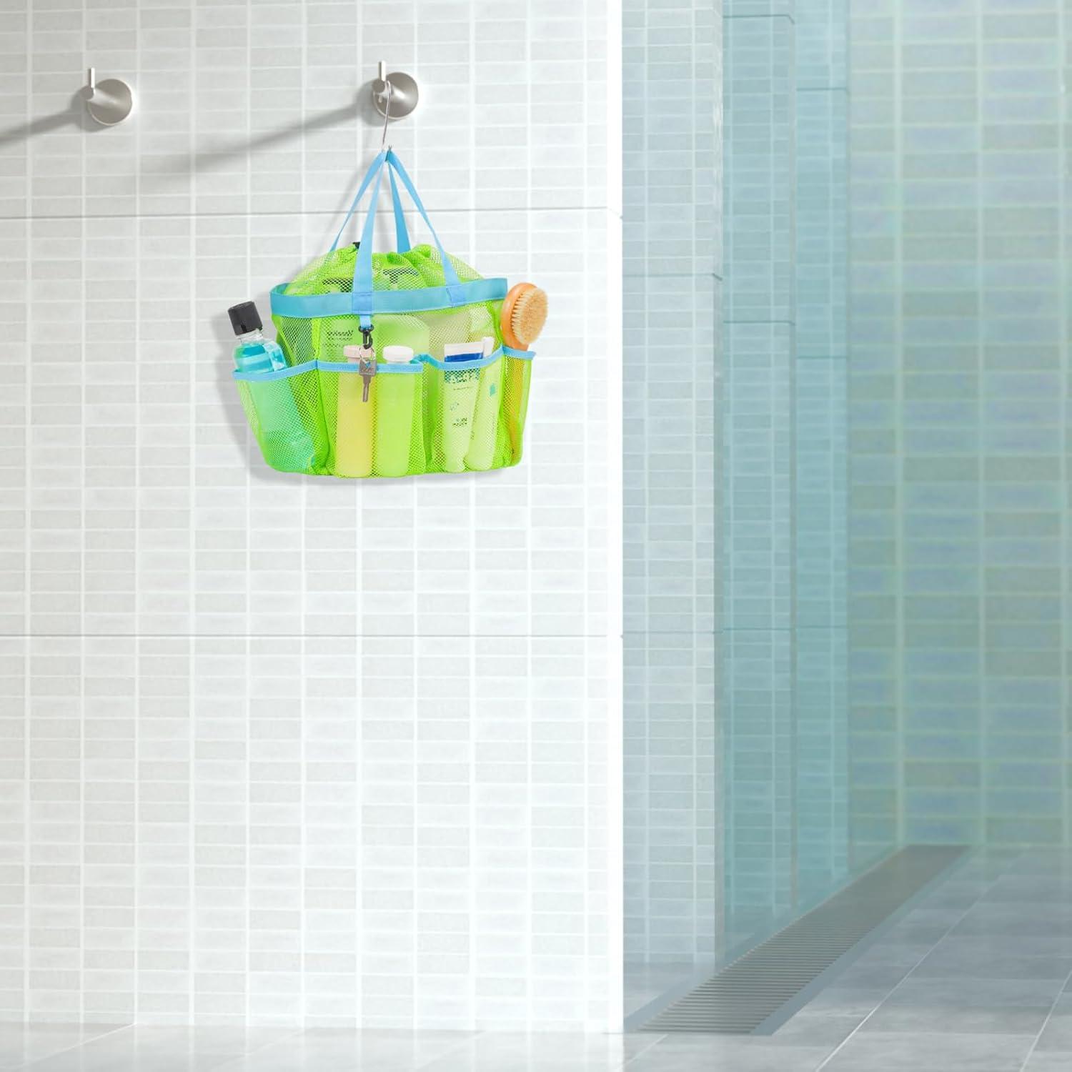 imageFcolor Mesh Shower Caddy Portable with Drawstring  Upgrade Deeper 7 Pockets Dorm Room Essentials for Guys Girls with S Hook Shower Bag Basket Tote for College Camping Bathroom Yellow BeachGreen with Drawstring