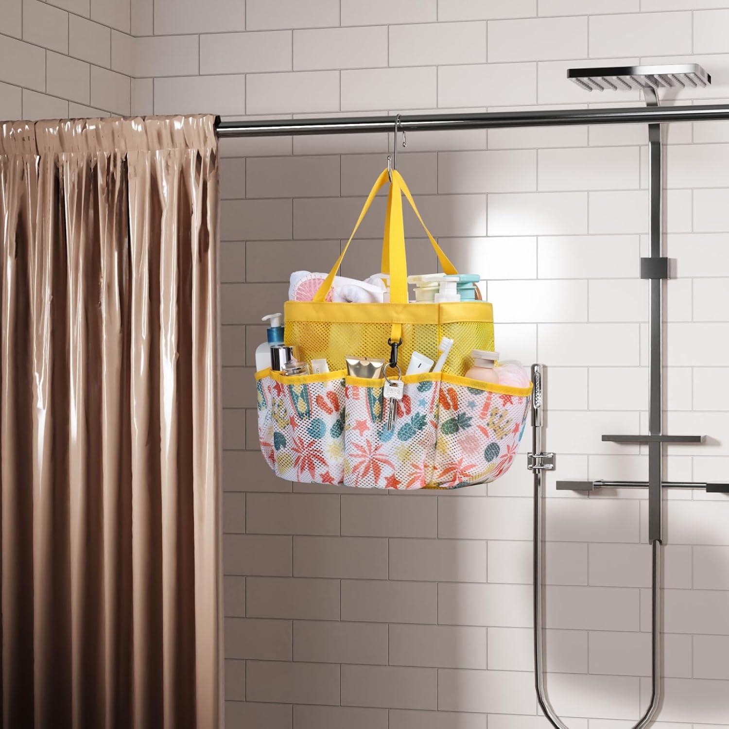 imageFcolor Mesh Shower Caddy Portable with Drawstring  Upgrade Deeper 7 Pockets Dorm Room Essentials for Guys Girls with S Hook Shower Bag Basket Tote for College Camping Bathroom Yellow BeachL  Yellow Beach