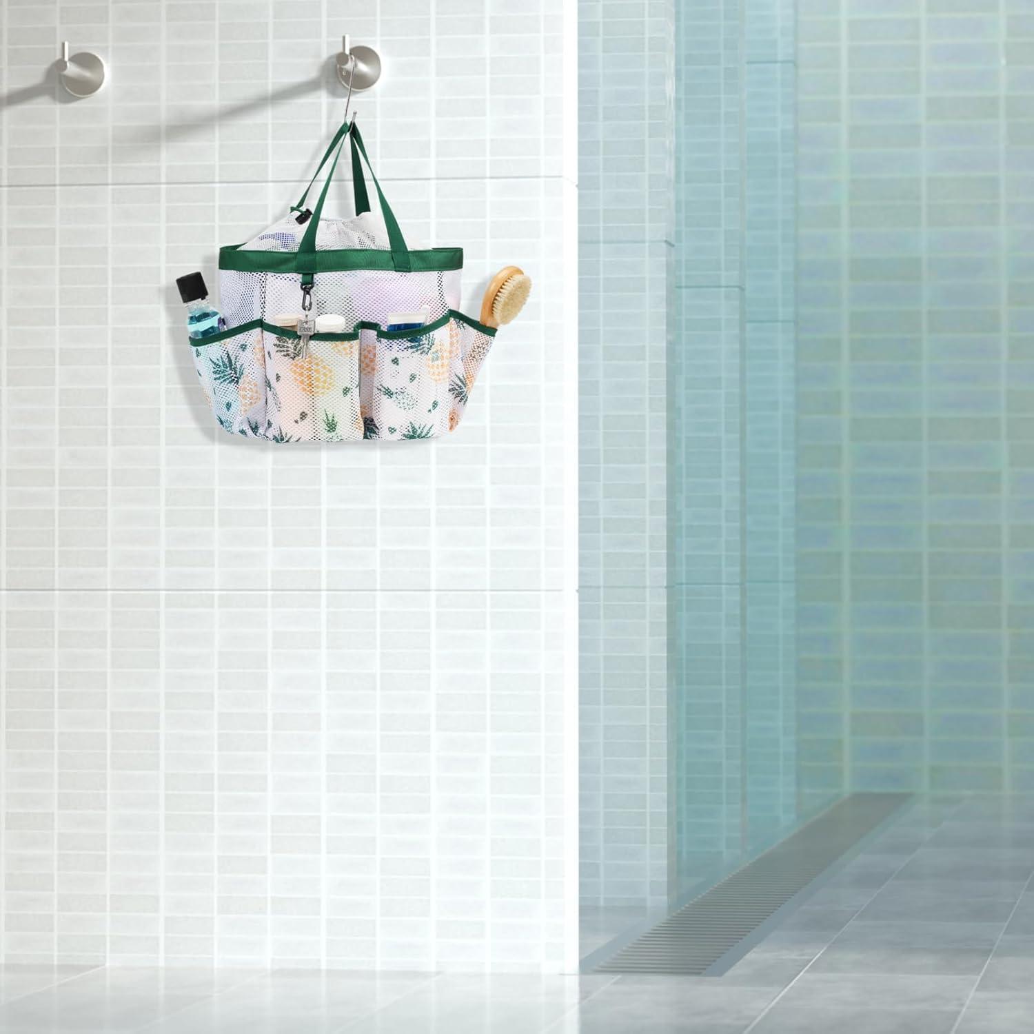 imageFcolor Mesh Shower Caddy Portable with Drawstring  Upgrade Deeper 7 Pockets Dorm Room Essentials for Guys Girls with S Hook Shower Bag Basket Tote for College Camping Bathroom Yellow BeachGreen Pineapple with Drawstring