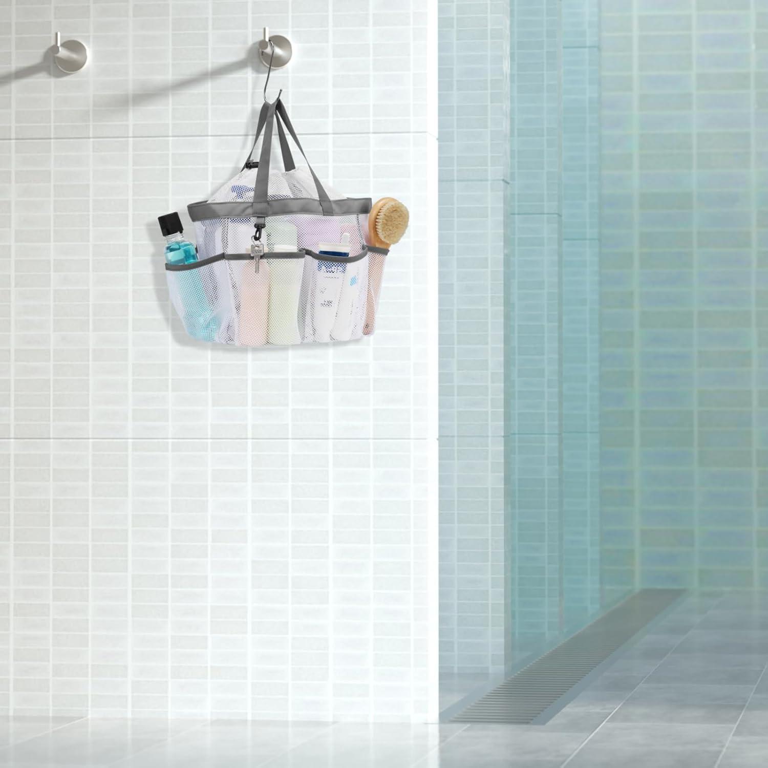 imageFcolor Mesh Shower Caddy Portable with Drawstring  Upgrade Deeper 7 Pockets Dorm Room Essentials for Guys Girls with S Hook Shower Bag Basket Tote for College Camping Bathroom Yellow BeachWhite with Drawstring